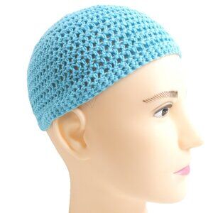 Blue Skull Cap Natural Organic Cotton Hat Unisex Handmade Crochet Hand Knit OS